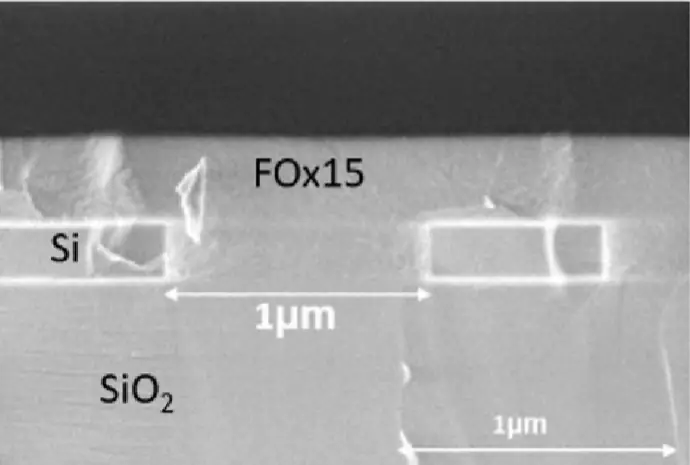 SEM cross-section of silicon waveguides on SiO2 planarized with FOx15 hydrogen silsesquioxane